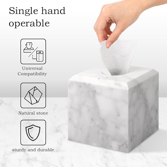 Natural Marble Square Tissue Box Cover ,Stone Modern Decorative Sturdy Napkin Box Holder Case,Facial Paper Organizer for Bathroom Vanity Toilet Countertop,Kitchen (1, Carrara White, 5.71*5.71*5.51)