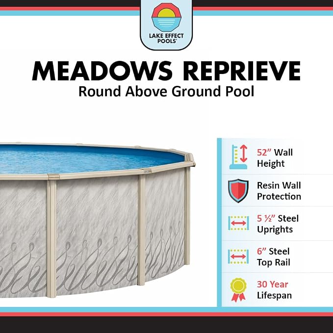 Lake Effect Pools 'Meadows' 18 ft Round Above Ground Swimming Pool | 52 Inch Steel Side Walls | Kit Includes: 25 Gauge Overlap Liner & Widemouth Skimmer