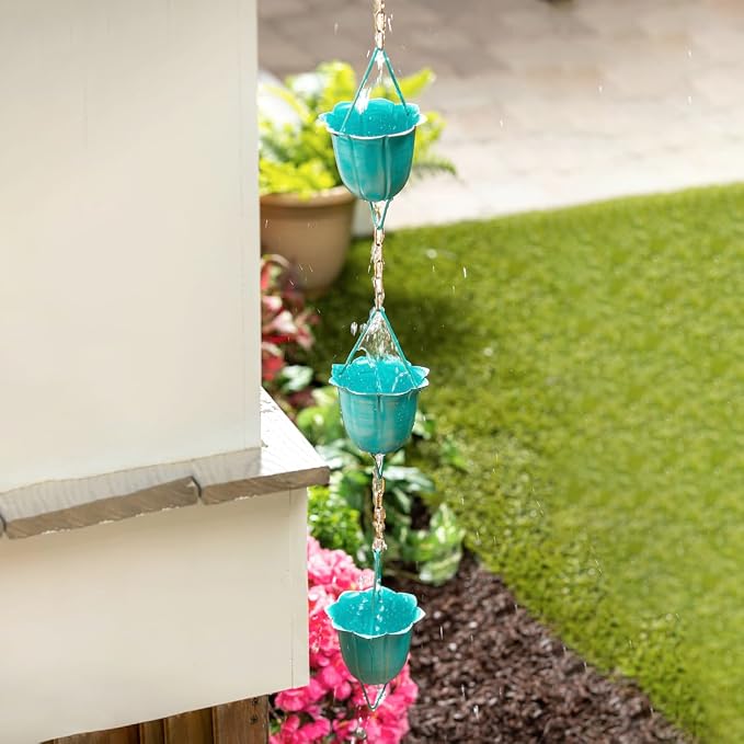 Evergreen Garden Blue Flower Cups Metal Rain Chains for Gutters | 6 ft. Long | Rain Catcher Chain Replacement Downspout | Decorative Rain Chains for Outside Garden Balcony Porch