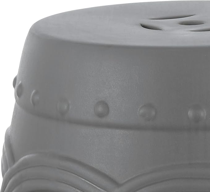 JONATHAN Y Lucky Coins 16" Ceramic Garden Stool, Contemporary Matte Gray Cutout Interlocking Rings Drum Indoor/Outdoor Side Table and Plant Stand for Patio, Garden, Living Room TBL1022F