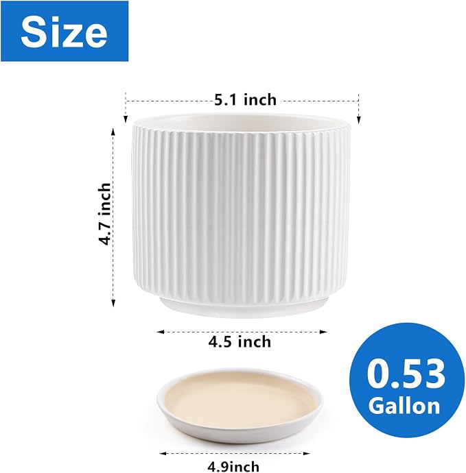 Ceramic-5.1-inch-Flower-Pots-with-Saucer, Small Planters for Indoor Plants with Drainage Hole, White Textured Vertical Stripe Plant Pots for Home Decor, Garden Pot For Succulent Cactus Mint Basil Herb