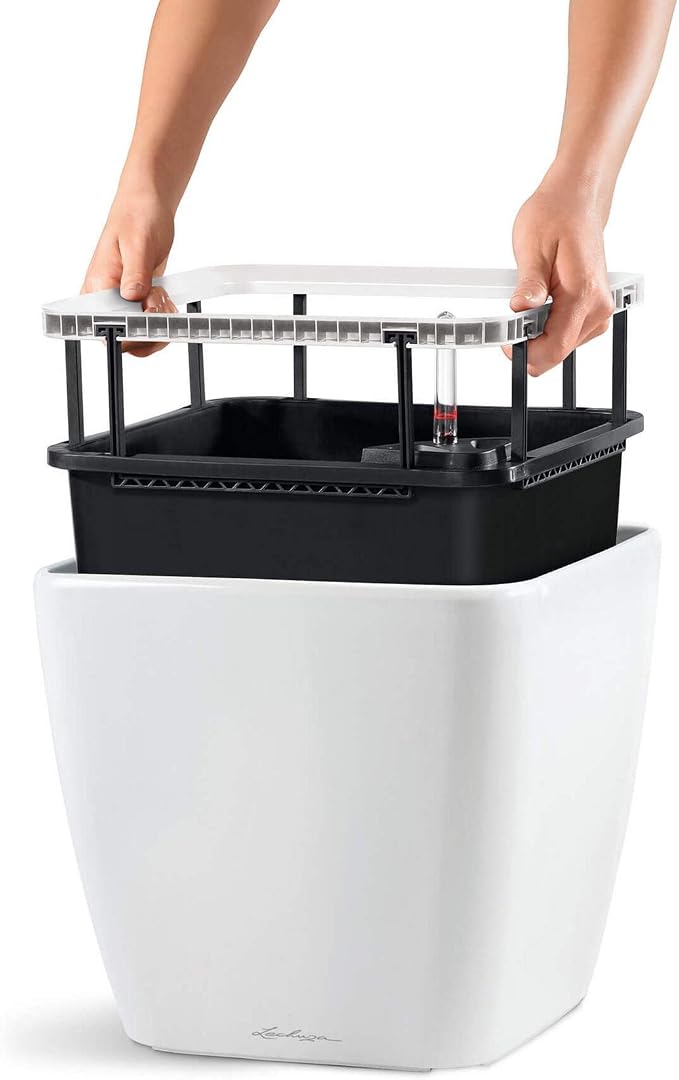 Quadro LS 21 Cream White High Gloss, Self-Watering Square Planter, H7.9 L8.3 W8.3 in