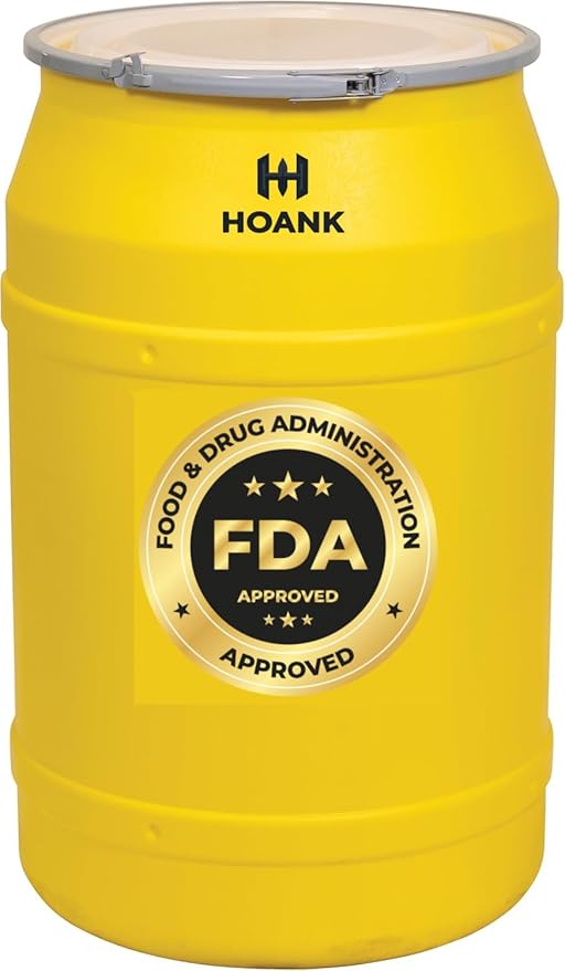 55-Gallon Open Head Water Storage Barrel, BPA Free, Emergency Water Supply - Eco Friendly - Lever-Lock Lid - Made in USA (Yellow)