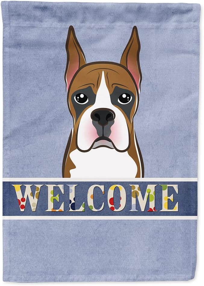 Caroline's Treasures BB1409CHF Boxer Welcome House Flag, Blue Large Porch Sleeve Pole Decorative Outside Yard Banner Artwork Wall Hanging, Polyester, House Size, Multicolor