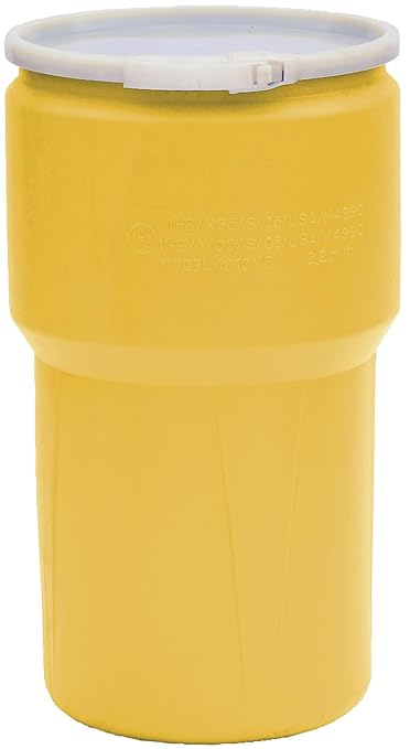 Eagle 14 Gallon Plastic Drum with Lid, Plastic Lever-Lock, 26.5"x15", Open Head Lab Pack Drum Made of Durable, Lightweight HDPE, Withstands Weather and Chemicals, Made in USA, Yellow, 1610