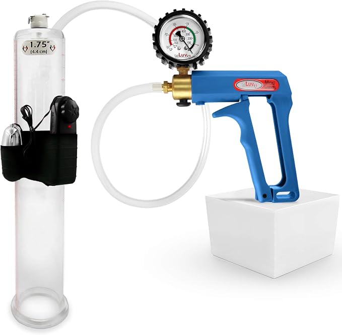 LeLuv Vibrating Penis Pump Maxi Blue Handle + Protected Gauge - Bundle with Clear Hose - 12 inch Length x 1.75 inch Diameter Cylinder