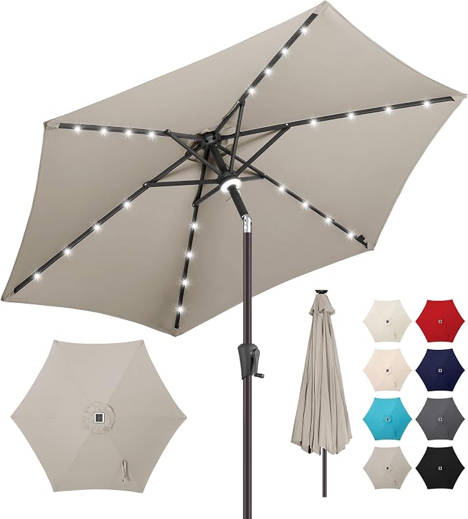 7.5FT Solar Umbrella Outdoor - Lighted Solar Patio Umbrella with 24 LED Lights Waterproof UV Protection, Table Umbrella with Tilt for Pool, Porch, Garden, Deck, Backyard (Taupe)