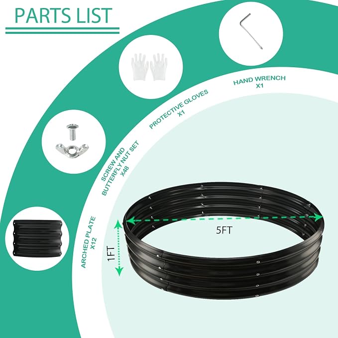 YSEJOMP 5FT Diameter Galvanized Garden Raised Bed/Plant Box/Fire Pit Ring - 0.8mm Thick,12 Inch Tall,Perfect for Planting a Variety of Flowers,Herbs,Vegetables (Black, 60 Dia X 11.5 inches)