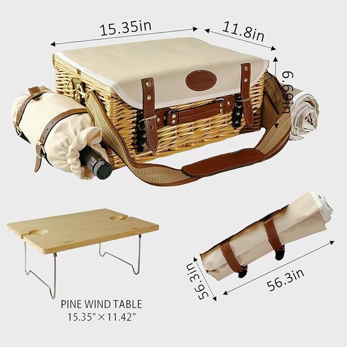 Multifunctional Wicker Picnic Basket Set for 2 Adults with Picnic Table and Blankets,Large Insulated Picnic Set with Wine Pouch and Full Tablewares for Camping Outdoor Couples Natural Beach Wedding