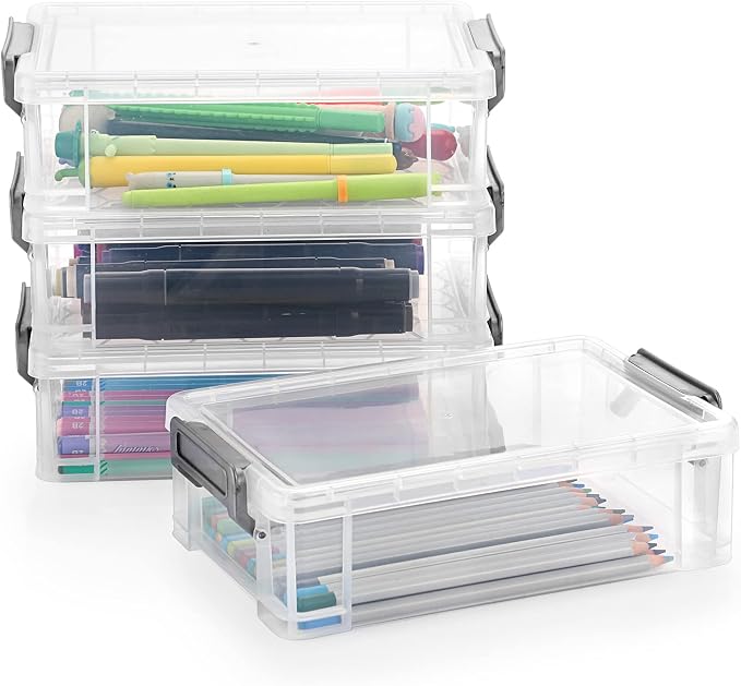 BTSKY 4 Pack Extra Large Plastic Pencil Box Stackable Translucent Clear Pencil Caase Crayon Box Set, Marker Organizer Art Supply Storage Organizer for Gel Pens Pencils Erasers Tape Markers etc(Grey)