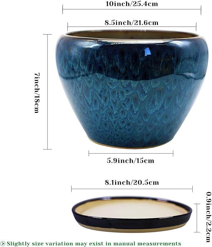 MAGP 10 Inch Large Plant Pots with Drainage Hole and Saucer, Large Ceramic Decorative Flower Pot for Plants Indoor Outdoor Planter, Round Blue