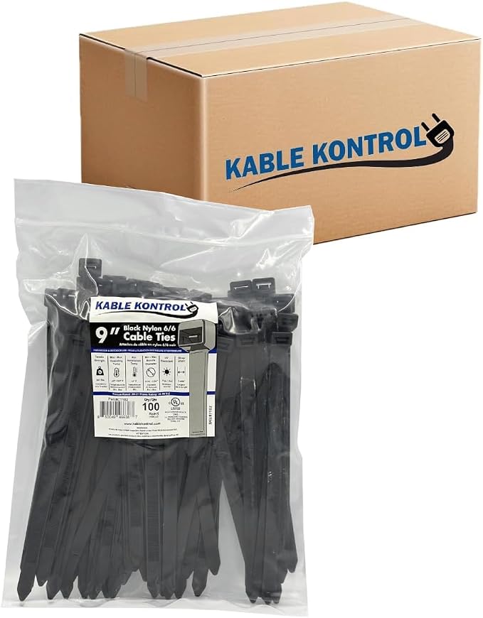 Kable Kontrol Cable Zip Ties Black 2,000 Pcs 9 Inch, 250 Lbs Tensile Strength, Bulk Pack, Self-locking UV Resistant Plastic Nylon Wire Ties, for Indoor or Outdoor Use