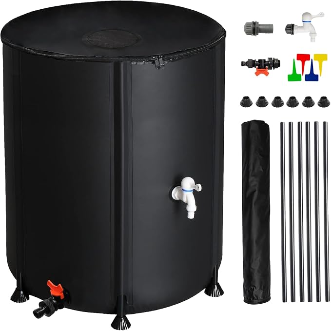 Collapsible Rain Barrel, 50 Gallon Portable Rainwater Collection System, Rain Catcher Barrel, Water Storage Tank with Two Spigots and Overflow Kit, Rain Water Barrel Collector for Garden, Black