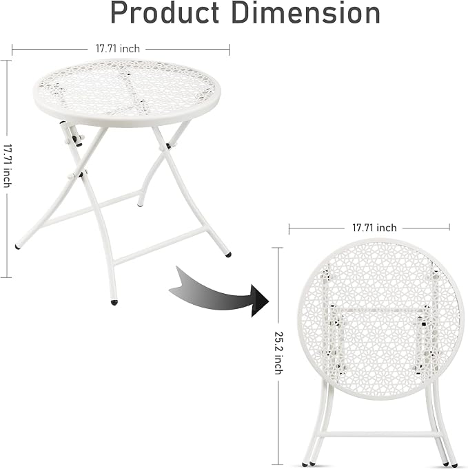 TeoKJ Folding Outdoor Side Tables, Anti Rust Small Patio Table Round Metal Nightstand with Flower Cutouts for Porch Yard Balcony Deck Lawn, White