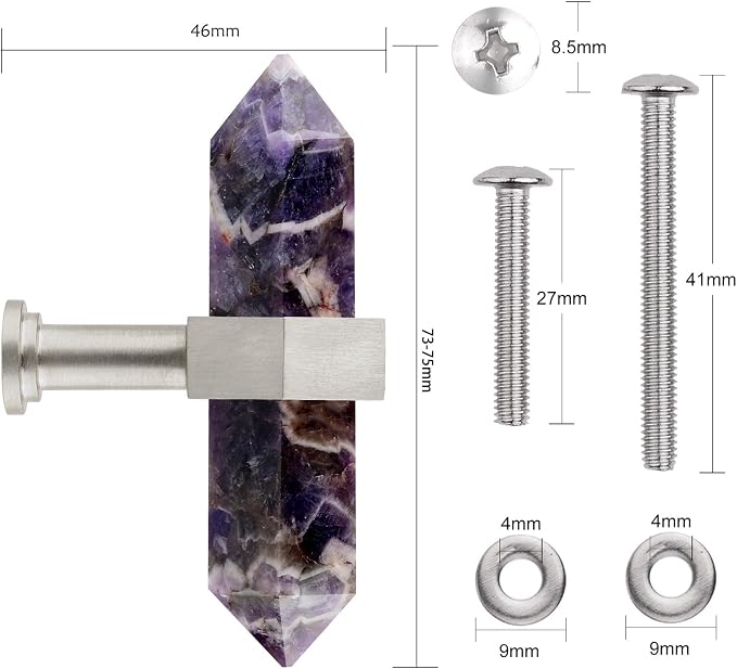 mookaitedecor Set of 2 Amethyst Double Crystal Points Drawer Knobs with Screws, Decorative Stone Cabinet Handle Pulls for Dresser Cupboard Kitchen Decor, Brushed Stainless Steel