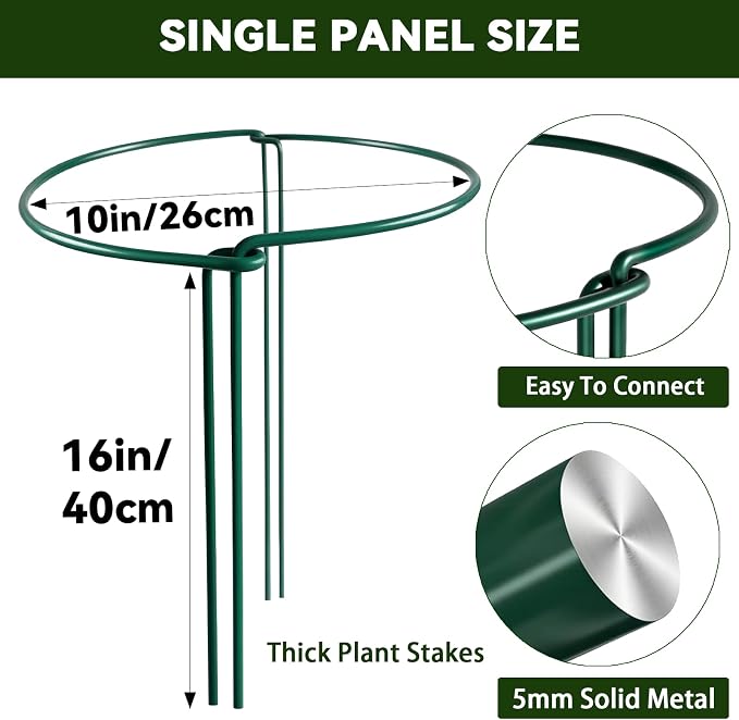 Thealyn 20 Pack Plant Support Stakes, 10" W x 16" H Metal Peony Cages and Supports, Rustproof Half Round Garden Plant Stakes for Indoor Outdoor Plants, Hydrangea, Rose, Tomato, Monstera