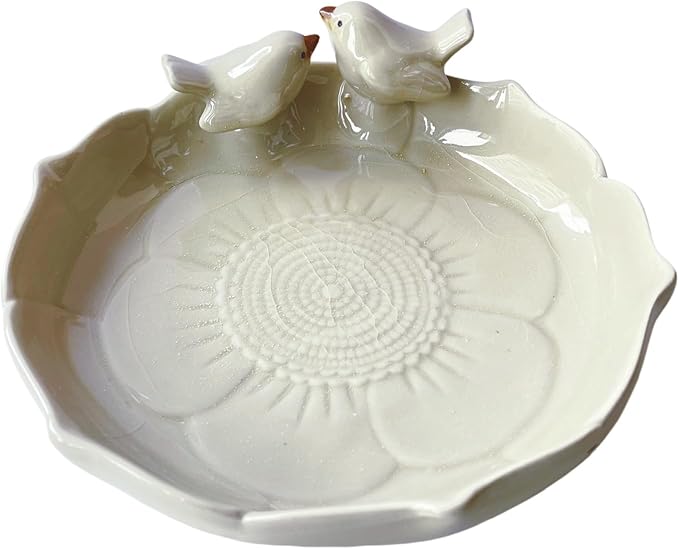 Ceramic Heavy Duty Ground Wild Bird Bath Bowl or Feeder for Outdoor Garden, Bowl Only (Beige (Glossy))