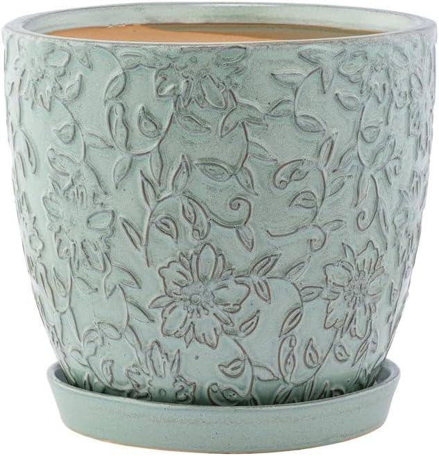 Napco Imports Decorative Home or Garden 7 X 7.25 Inch Indoor or Outdoor Flower Planter Holder Pot with Saucer Teal Blue Embossed Floral