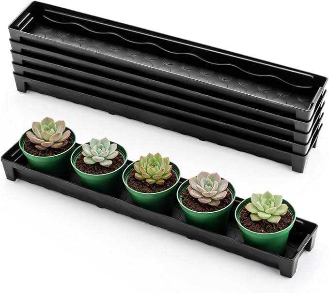 RooTrimmer 5 Pack Plastic Plant Saucer (17"x3"x1.5"), Rectangular Window Sill Plant Pot Trays with Removable Drainage Hole, Thick Windowsill Saucer Tray for 2.8 inch (7CM) Flower Nursery Pots (Black)
