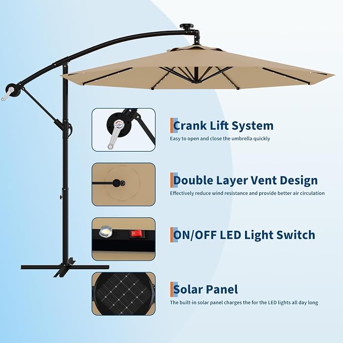 Garvee 10FT Solar Lights Offset Patio Umbrella with Cross Base, Cantilever Umbrella with Easy Lift & Tilt Adjustment, 8 Ribs Sun umbrella UV Protection for Backyard, Pool, Garden, Tan