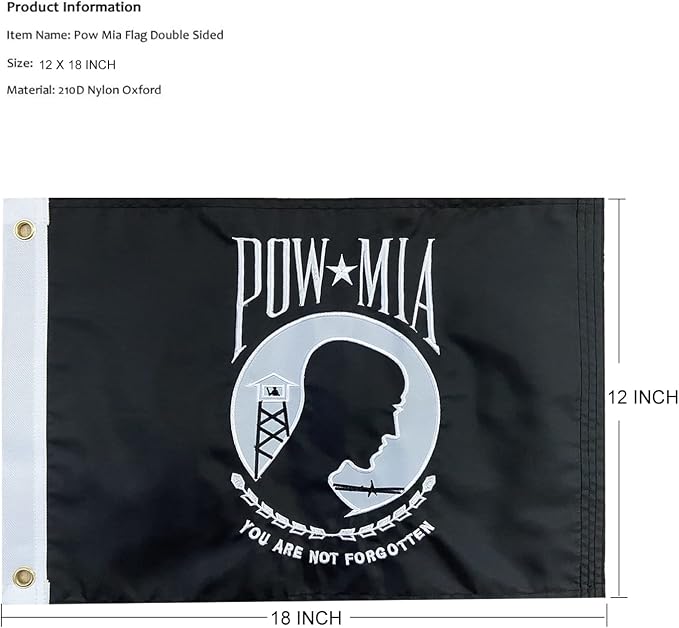 Homissor Pow Mia Flag Embroidered 12x18 Outdoor - Heavy Duty Double Sided You are Not Forgotten War Flags 300D Nylon Military Pow Flags for Outside (12x18 Inch)