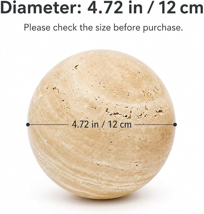 Natural Travertine Decorative Sphere, 4.72 Inch Stone Ball Decor, Hand-Polished Beige Orb Accent for Coffee Table, Console, Shelf and Living Room