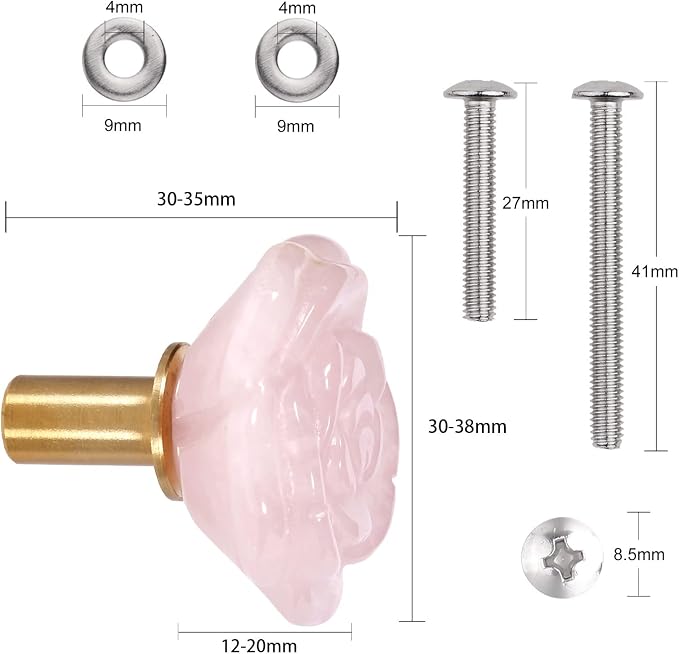 mookaitedecor Set of 4 Natural Rose Quartz Crystal Cabinet Knobs with Screws, Decorative Floral Stone Drawer Pulls for Dresser Door Kitchen
