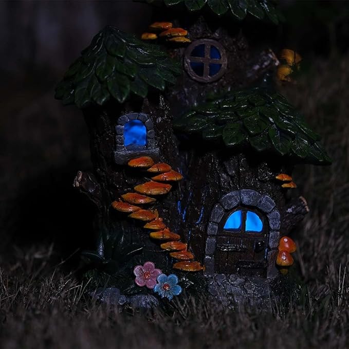 Solar Garden Tree Fairy House Outdoor Statues Yard Resin Decoration Gift Handmade Housewarming Gift for Patio Yard Lawn Waterproof Cracking