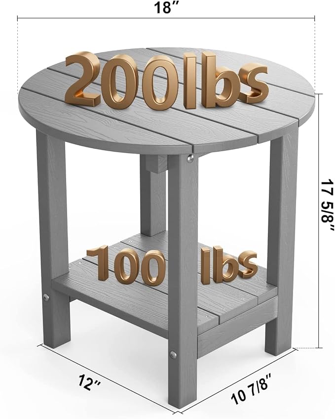 MXIMU Round Outdoor Side Table Adirondack Tables 18 Inch Chairside End Tables with Storage Shelf, 2-Tier Plastic Patio Side Table, Weather Resistant for Balcony Backyard Lawn (Grey, 2 Pack)