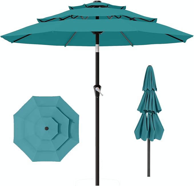 AreShark 9ft 3-Tier Patio Umbrellas, Outdoor Umbrella with 8 Sturdy Ribs UV Protection Windproof, Market Table Umbrella w/Push Button Tilt & Crank for Pool, Porch, Deck, Garden(Lake Blue)