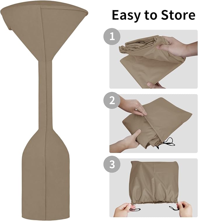 Easy-Going Stand-Up Patio Heater Cover with Zipper and Storage Bag, Waterproof Outdoor Heater Cover Dustproof, UV-Resisant, Wind-Resistant (95"H x 34"D x 19"B, Camel)
