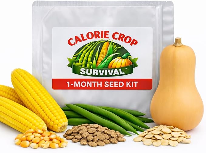 Calorie Crop Survival 1-Month Seed Kit – Grow 30 Days’ Worth of Calories – Heirloom Corn, Beans, and Squash Seeds – Open-Pollinated, Long-Term Storage