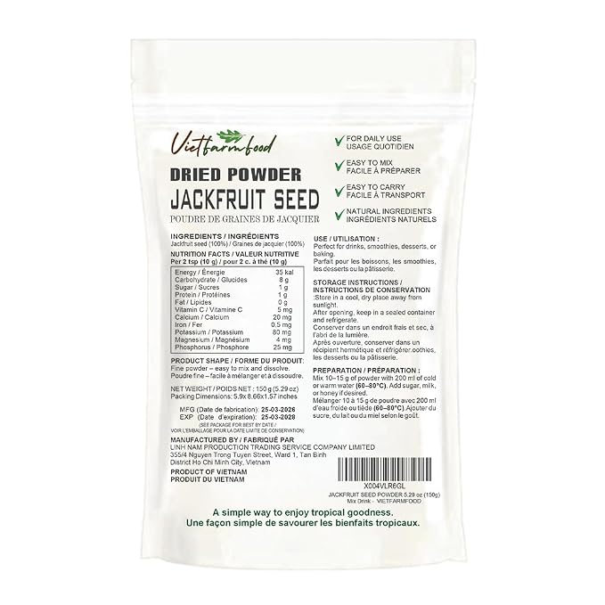 JACKFRUIT SEED POWDER 5.29 Oz (150g) VIETFARMFOOD: Pure freeze-dried fruit powder, made from real fruit with no added sugar - Perfect for daily nutrition to keep your body full of vitality.