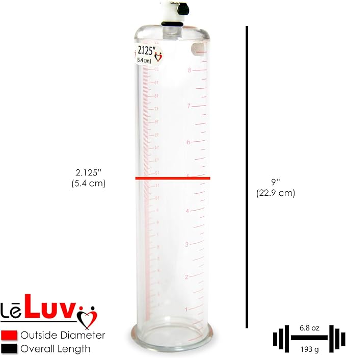 LeLuv Vibrating Penis Pump Maxi Red Handle + Protected Gauge and Clear Hose - 9 inch Length x 2.125 Inch Diameter Cylinder
