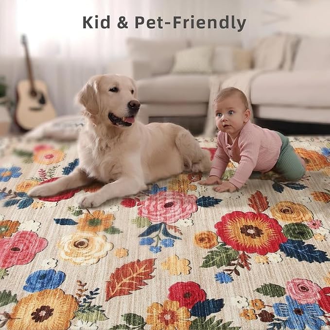 6x9 Area Rugs for Living Room: Washable Bedroom Rug Non Slip Low Pile Soft Faux Wool Non Shedding Distressed Vintage Boho Large Carpet for Dining Room Under Table Kitchen Nursery Entryway Farmhouse