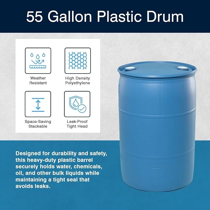 Bushman 55 Gallon Plastic Drum, Tight Head HDPE Barrel for Water, Chemical, or Oil Storage, Stackable Industrial with Closed Lid, Blue