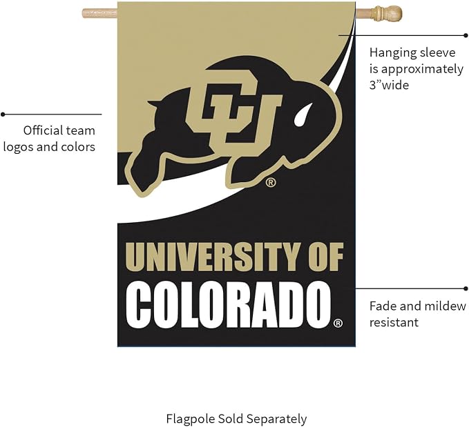 NCAA University of Colorado House Flag, 28 x 44, Double Sided Garden Flags for Outside, Outdoor College Flags & Banners for Gardens Patio, Indoor Wall Decor Flag for Room