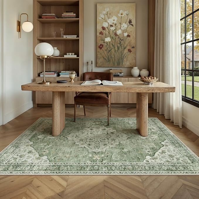 Sage Green Area Rug 4x6 Living Room Vintage Floral Non-Slip Carpet | Machine Washable, Soft, Low Pile, Distressed, for Bedroom, Dining Room, Kids Room, Nursery, Office, Retro Farmhouse Decor