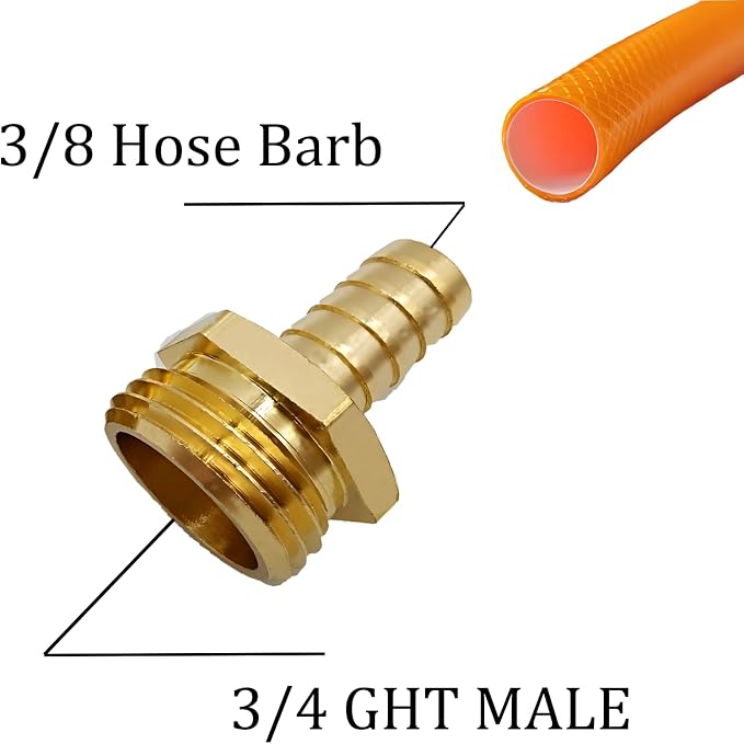 Brass Garden Hose Adapter Fitting, 3/8” Barb and 3/4” GHT Male Connector, Heavy-Duty High-Pressure Support, Rust and Corrosion Resistant (2PCS)