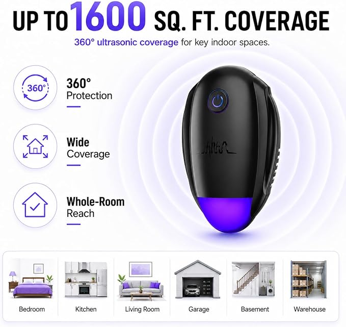 Upgraded Ultrasonic Repeller, Indoor Ultrasonic Repellent, Electronic Plug in Pest Control Device for Bugs, Mosquitoes, Roaches, Ants, Rodents, Mice, Spiders for Home, Warehouse, Garage