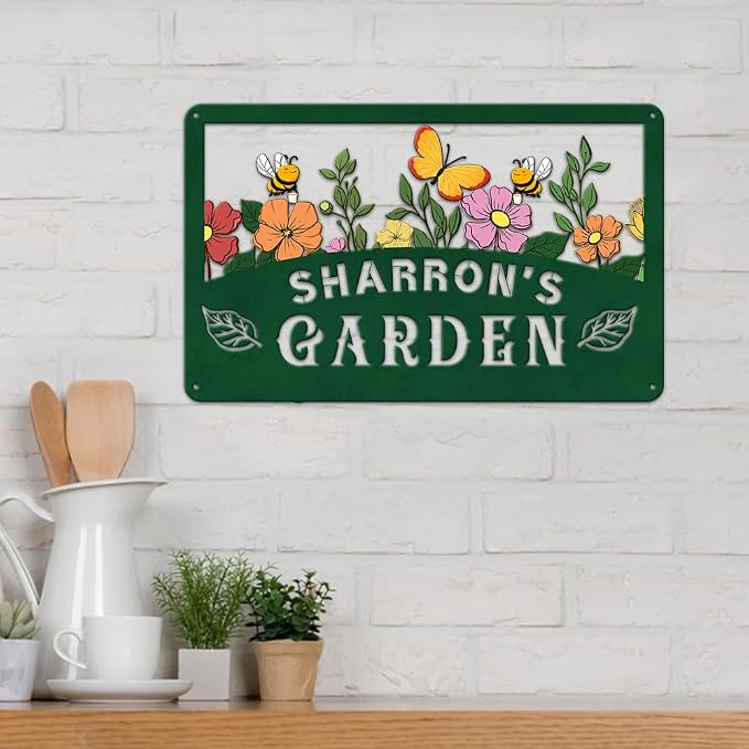 MeMate Floral Garden Plaque, Custom Name Metal Sign for Mom Grandma, Rustic Decor for She Shed