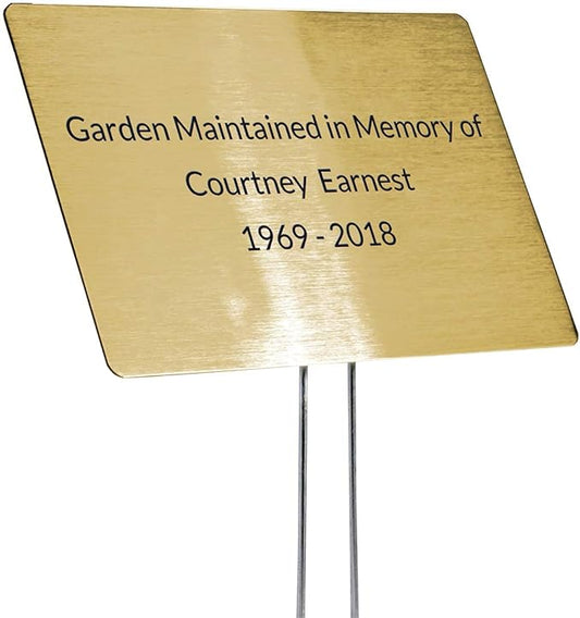 Outdoor Metal Garden Sign, Label, or Memorial. 4 x 2" or 6 x 4" sign with rounded corners and a 10" stake. Materials Include: Stainless Steel, Brass, Copper, Bronze and Titanium. (Brass, 4 x 6")