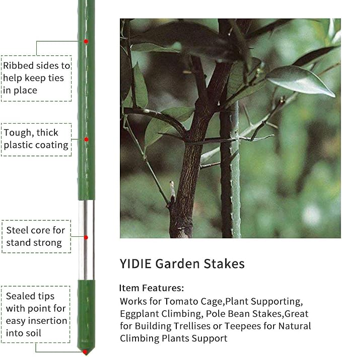 Sturdy Metal Garden Stakes 5 Ft Plastic Coated Steel Plant Sticks for Tomatoes,Trees,Cucumber,Fences,Beans,Pack of 25