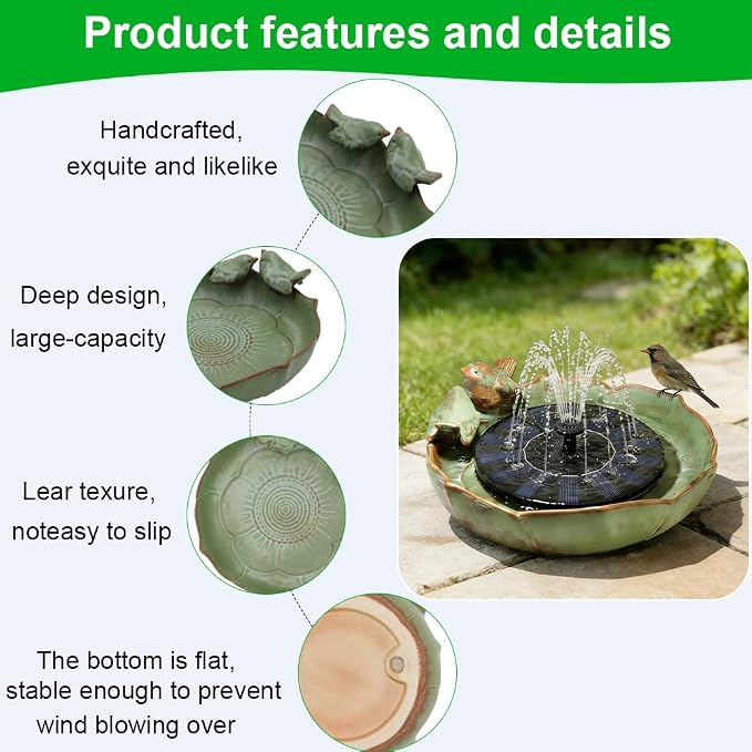 Solar Hummingbird Fountain,Ceramic Birdbath Bowl Water for Outdoor, Solar Powered Ground Bird Feeders and birdbath for Outdoors, Tabletop, Deck, Balcony Patio, Lawn,Yard Garden Decor