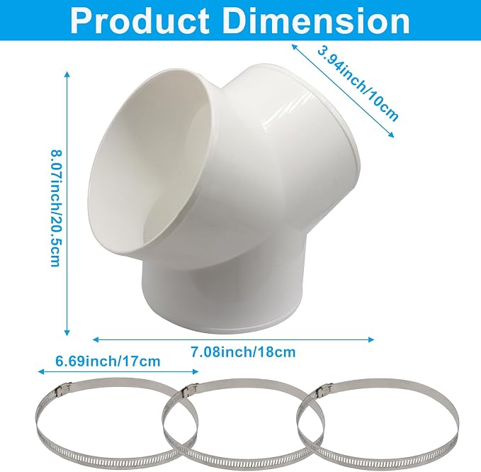 BokWin 6-Inch Duct Splitter, 3 Way Y Shape Duct Connector, White | ABS Material, 3 Hose Clamps Included, For Exhaust Fan and Dryer Vent Hose