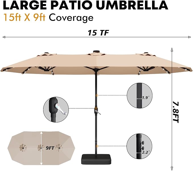 DomeShade 15ft Patio Umbrella with Base Included Solar Lights,Double Umbrella Outdoor Patio Table Umbrella Market Rectangle Umbrellas with 36 LED Lights for Outside Poolside Lawn Backyard,Beige