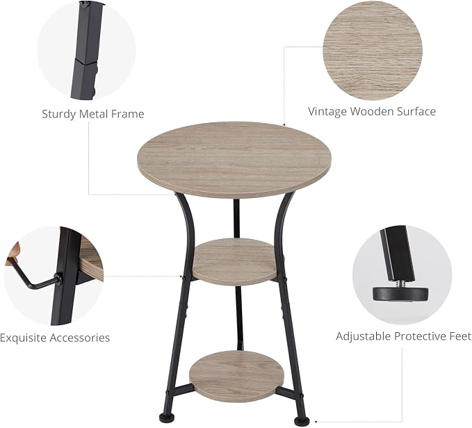 Dulcii 3-Tier Round Side Table with Storage, Industrial End Table for Living Room, Rustic Wood & Metal Bedside Nightstand, Accent Plant Stand for Bedroom Corners & Small Spaces