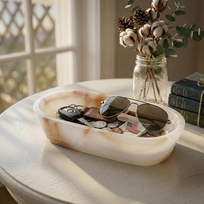 Radicaln Marble Dough Bowl 10" Inches White Onyx Handmade Oval Bowl For Kitchen Table Décor, Ideal Candy Bowl, Decorative Bowl and Marble Bowl For Keys Entryway Table