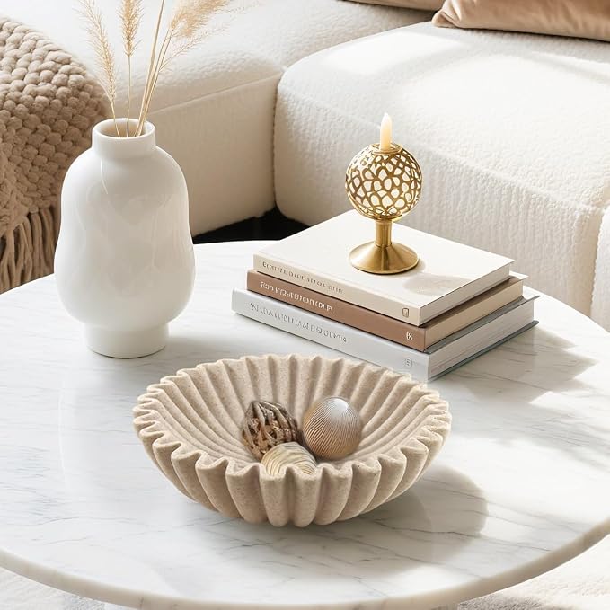 10'' Large Ruffle Decorative Fruit Bowl for Entryway Coffee Table Scalloped Purse Key Holder Kitchen Countertop Console Modern Organic Home Decor, Artificial Stone Beige