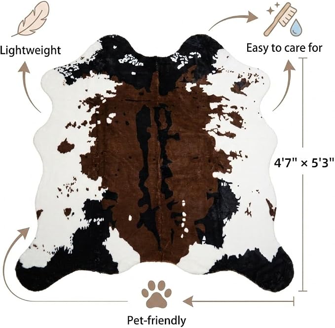 MustMat Faux Cowhide Rug 4'7"×5'3",Cow Print Western Ranch Decor | Brown/White Cow Rug For Bedroom, Entryway, Living Nooks. Western Rustic Style, Great For Cowboy Birthdays & Holidays